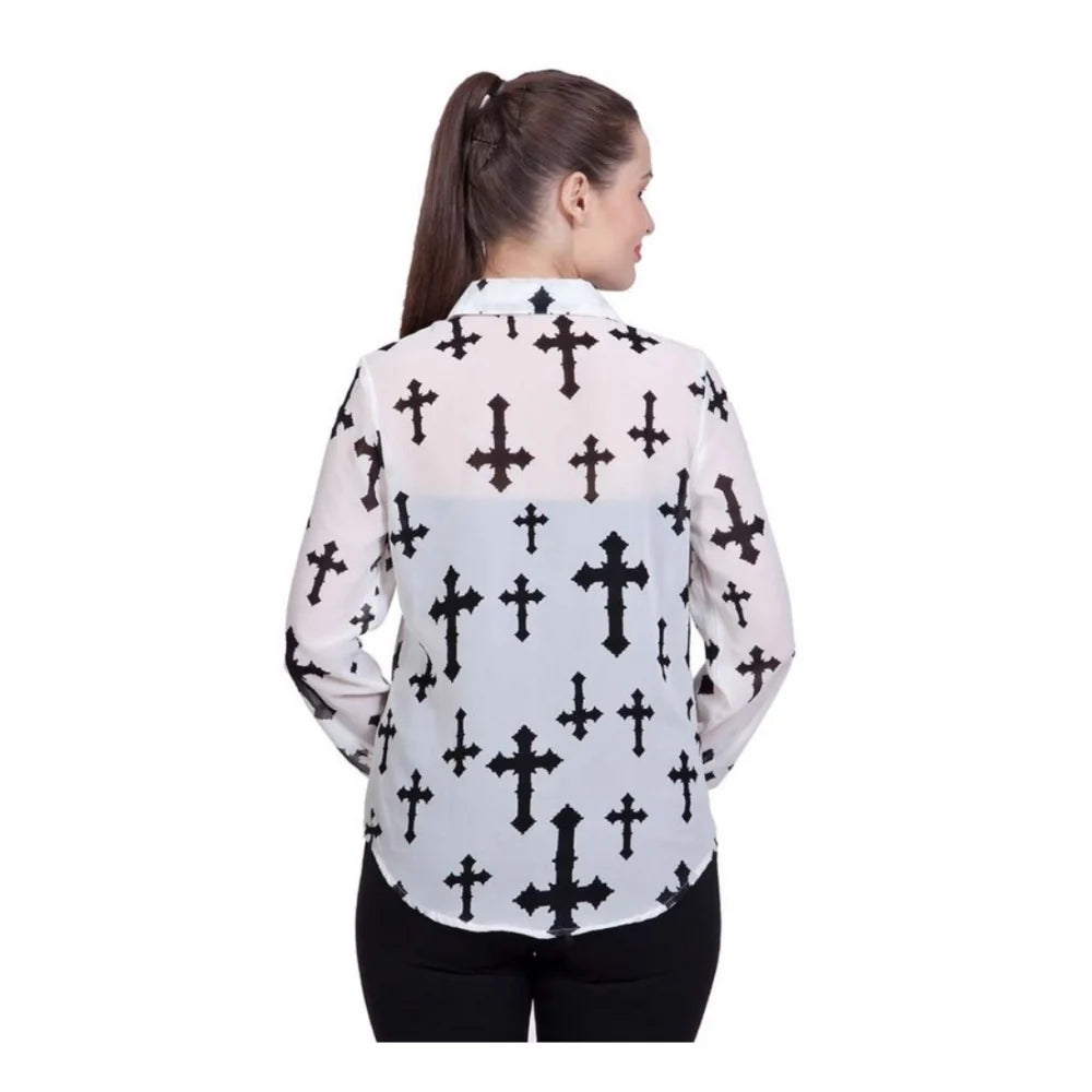 Women’s White Printed Full-Sleeve Shirt