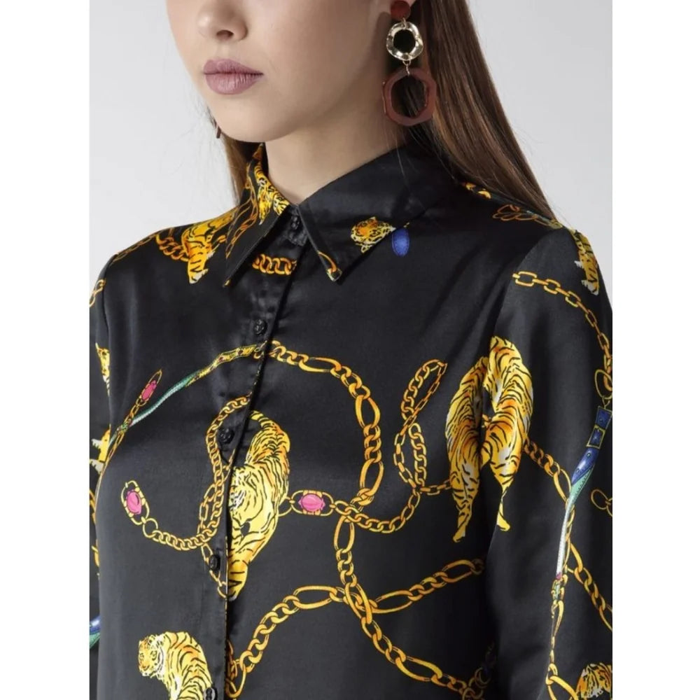 Women’s Black & Gold Satin Printed Full-Sleeve Shirt