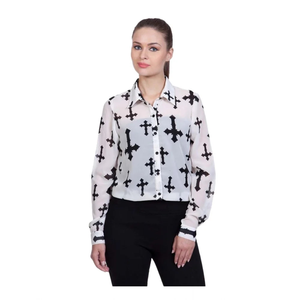 Women’s White Printed Full-Sleeve Shirt