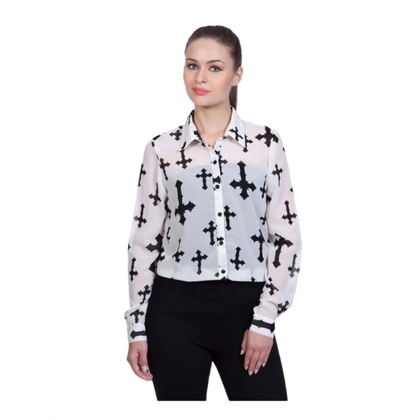 Women’s White Printed Full-Sleeve Shirt