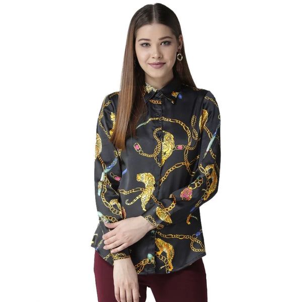 Women’s Black & Gold Satin Printed Full-Sleeve Shirt