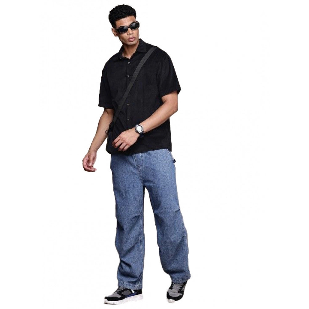 VASTRAA Men’s Black Cotton-Blend Half-Sleeve Regular Fit Shirt