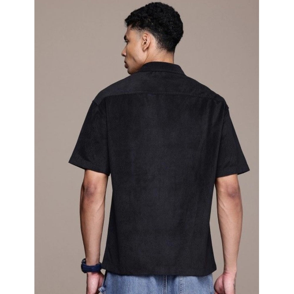 VASTRAA Men’s Black Cotton-Blend Half-Sleeve Regular Fit Shirt