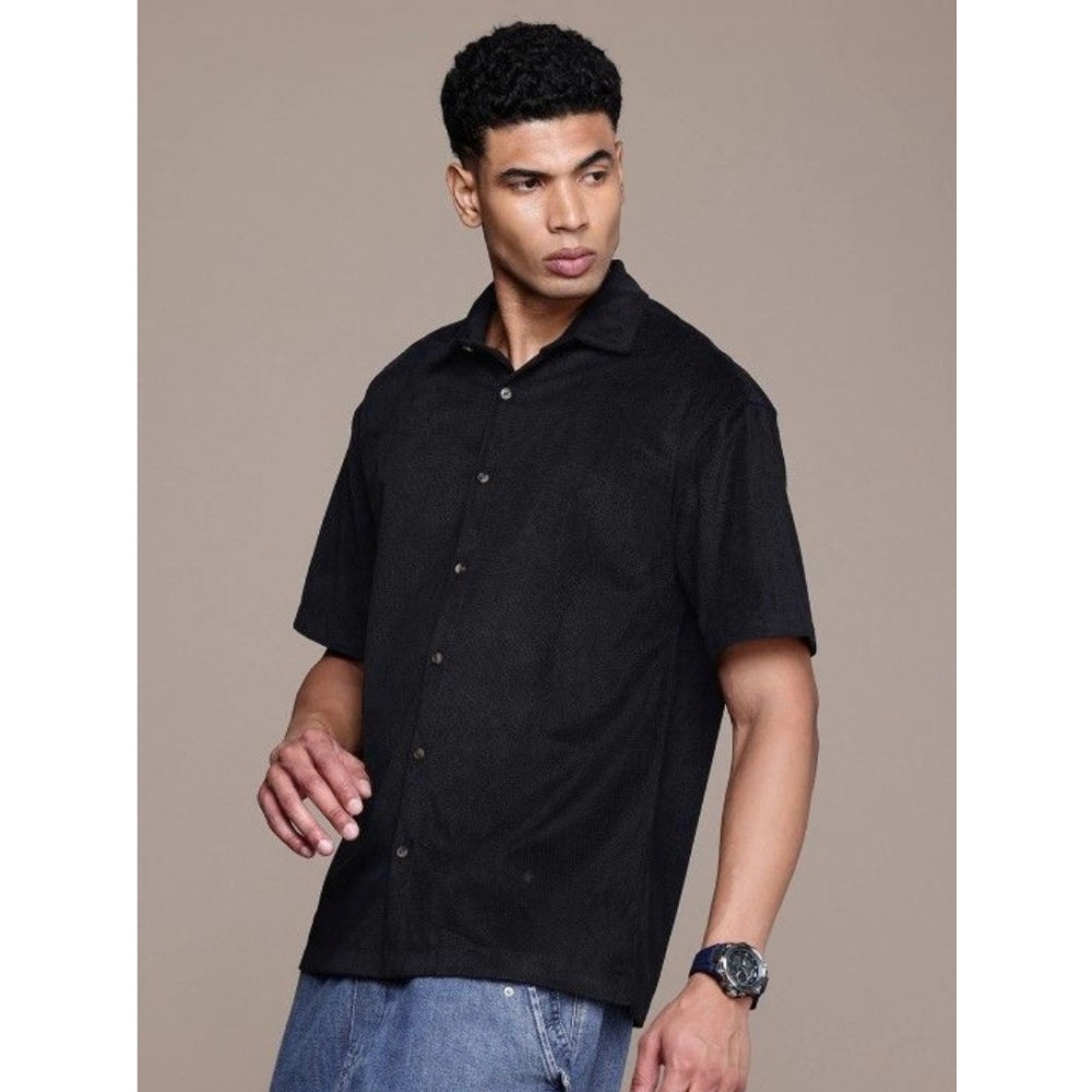 VASTRAA Men’s Black Cotton-Blend Half-Sleeve Regular Fit Shirt