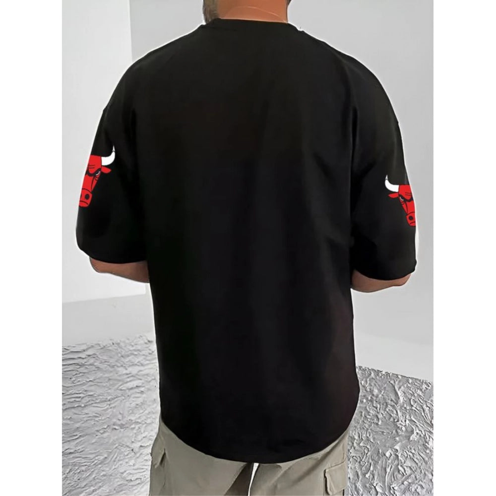VASTRAA Men’s Black Printed Cotton-Blend Round Neck T-Shirt