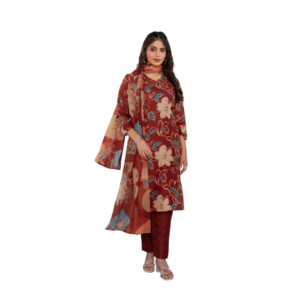 Women's Cotton Blend Printed Kurti Pant Dupatta Set (Rust)