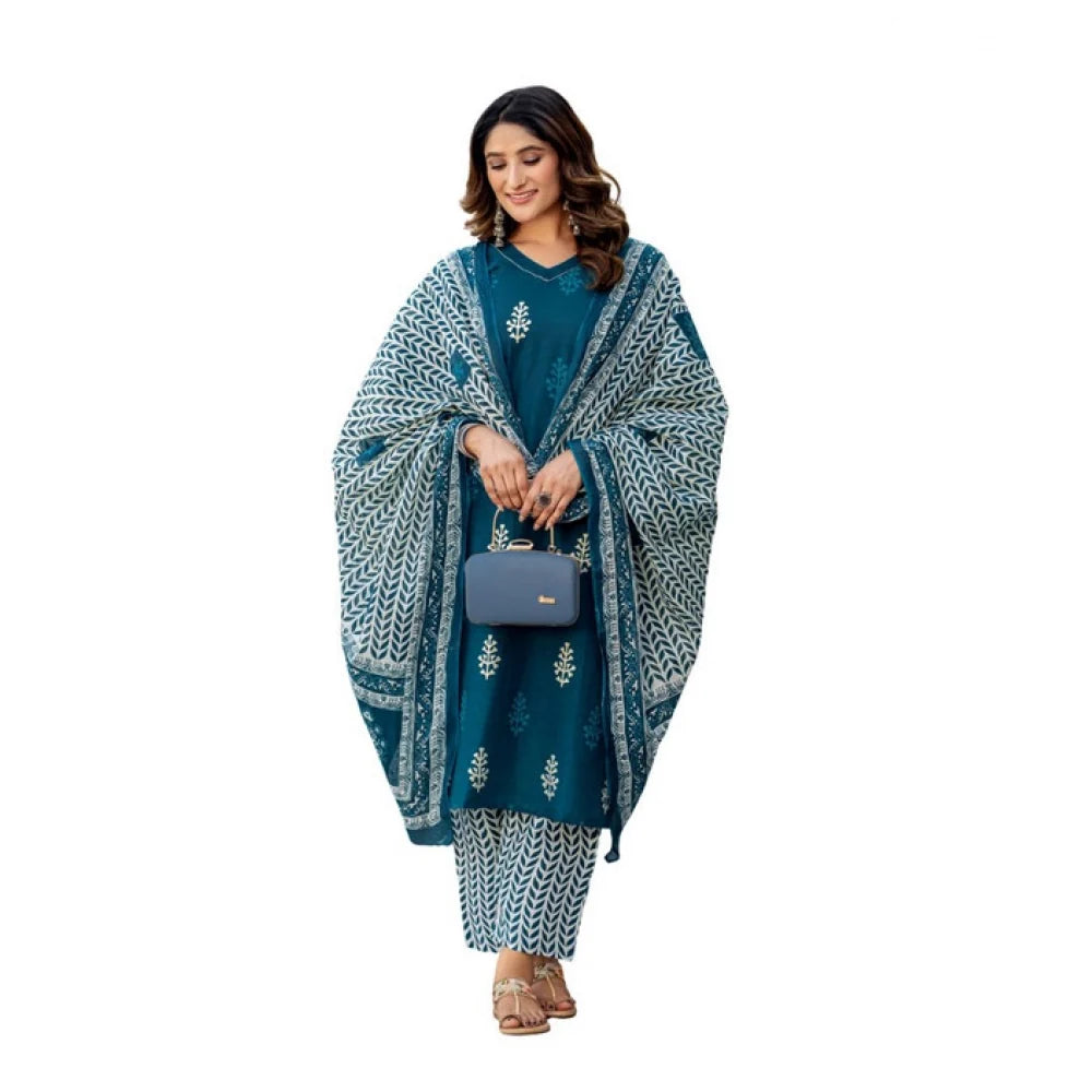 Women's Cotton Blend Printed Kurti Pant Dupatta Set (Morpichh)