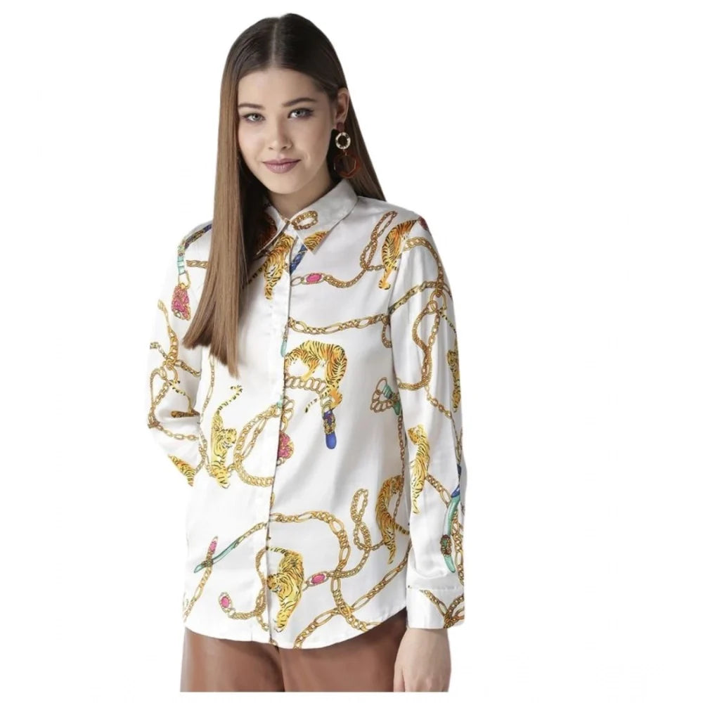 Women’s White & Gold Satin Printed Full-Sleeve Shirt