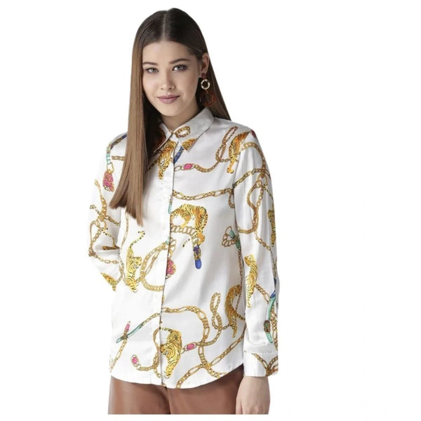 Women’s White & Gold Satin Printed Full-Sleeve Shirt