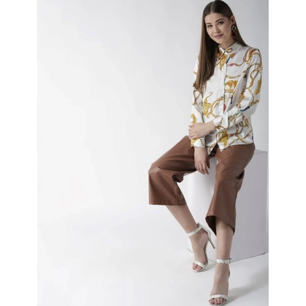 Women’s White & Gold Satin Printed Full-Sleeve Shirt