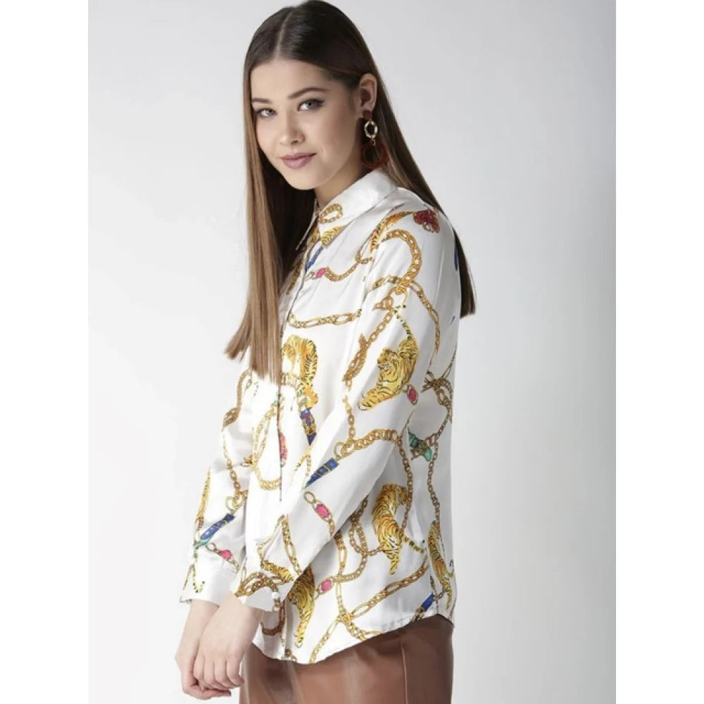 Women’s White & Gold Satin Printed Full-Sleeve Shirt
